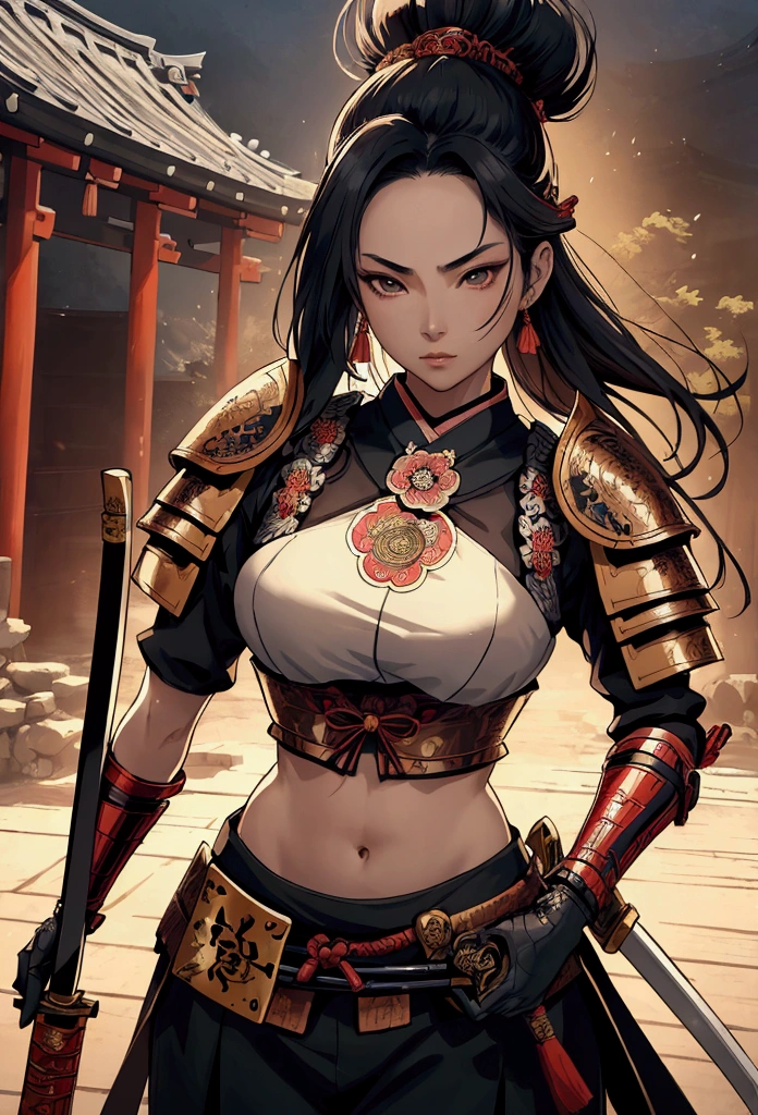 a beautiful samurai woman,crop top showing navel,holding a Japanese katana sword,wearing a traditional Japanese samurai hat,detailed facial features,intricate armor,ancient Japanese architecture background,cinematic lighting,highly detailed,photorealistic,8k,dramatic pose,vibrant colors,strong chiaroscuro,mystical atmosphere