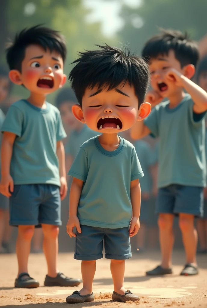 
A few Chinese boys around ，The normal body type is slightly thinner，He wears a light blue short sleeve shirt，Light blue shorts，in the game，He cried loudly，Tearful，ultimately, even urinary incontinence，Urine soaked the shorts，Run your legs down to the ground。