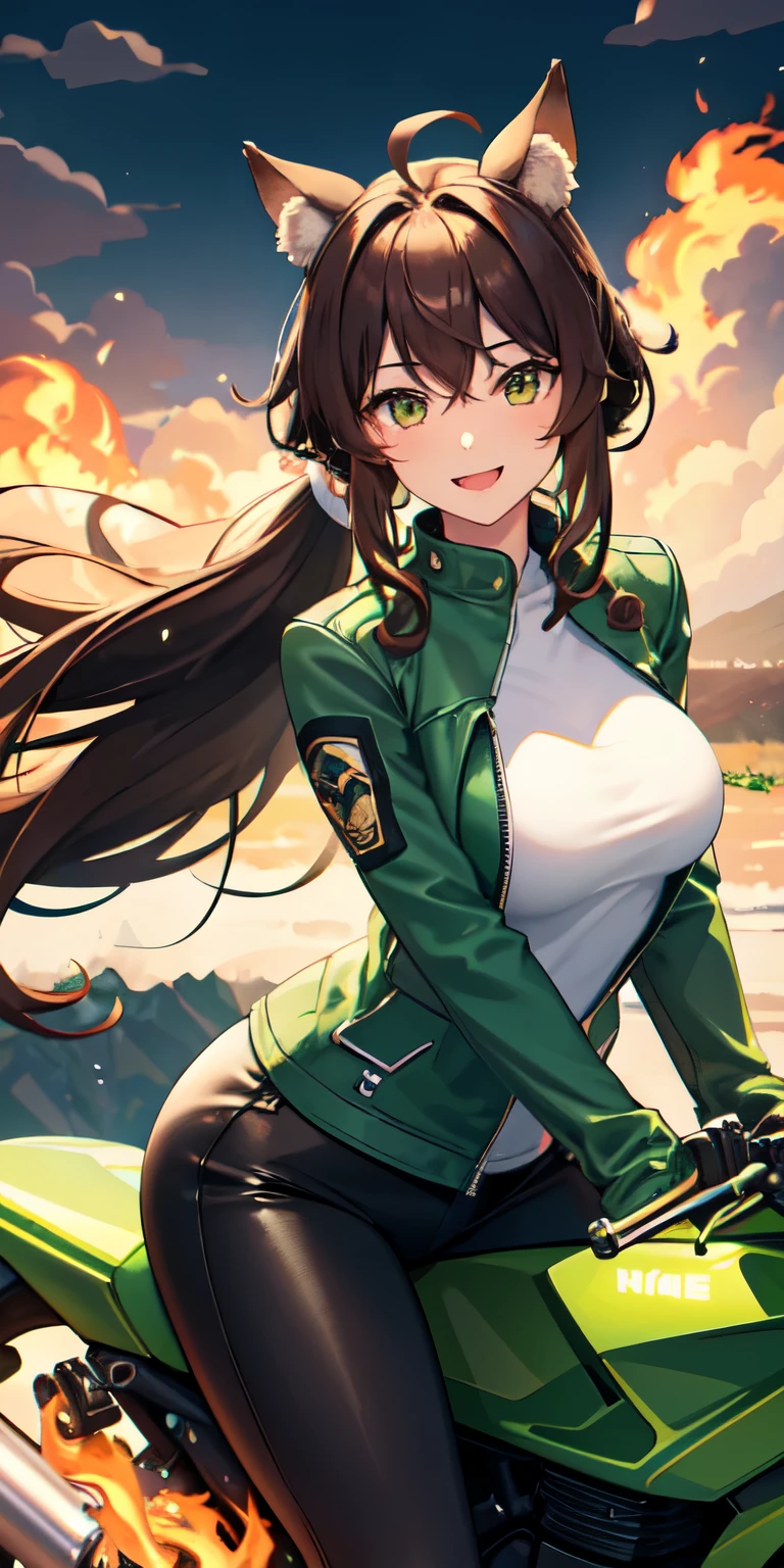 1 person,woman,Wolf Cut,Hind hair,Long ponytail,((Brown Hair)),((Brown ahoge)),((brown curly hair)),((Green flame)), Vortex of flames,wallpaper, Wind景,Depth of written boundary, night, Particles of light, light, Side light, Thighs,****, cloud,Gaze, Large Breasts, Green Eyes, Horse ears, Bright smile,Open your mouth,Wind,((Ride a big green motorcycle)),((vehicle)),((Driving)),((Straddle)),((Riders jacket)),((Riders pants)),