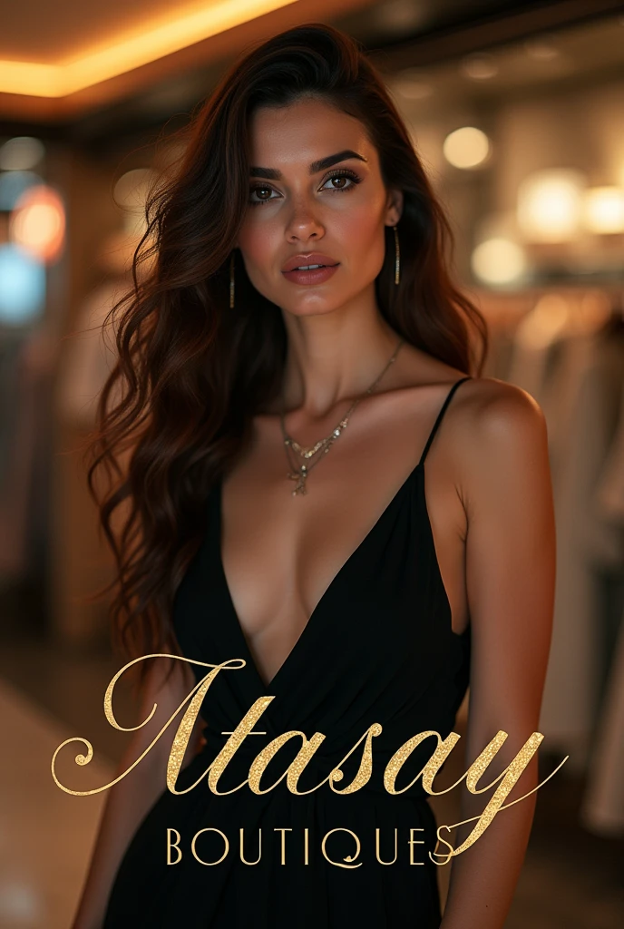 logo for a women's clothing store, against the background of the Turkish actress Hande Erçel with long hair and a chic figure in a chic dress, a beautiful gold font, the name of the store Atasay boutiques