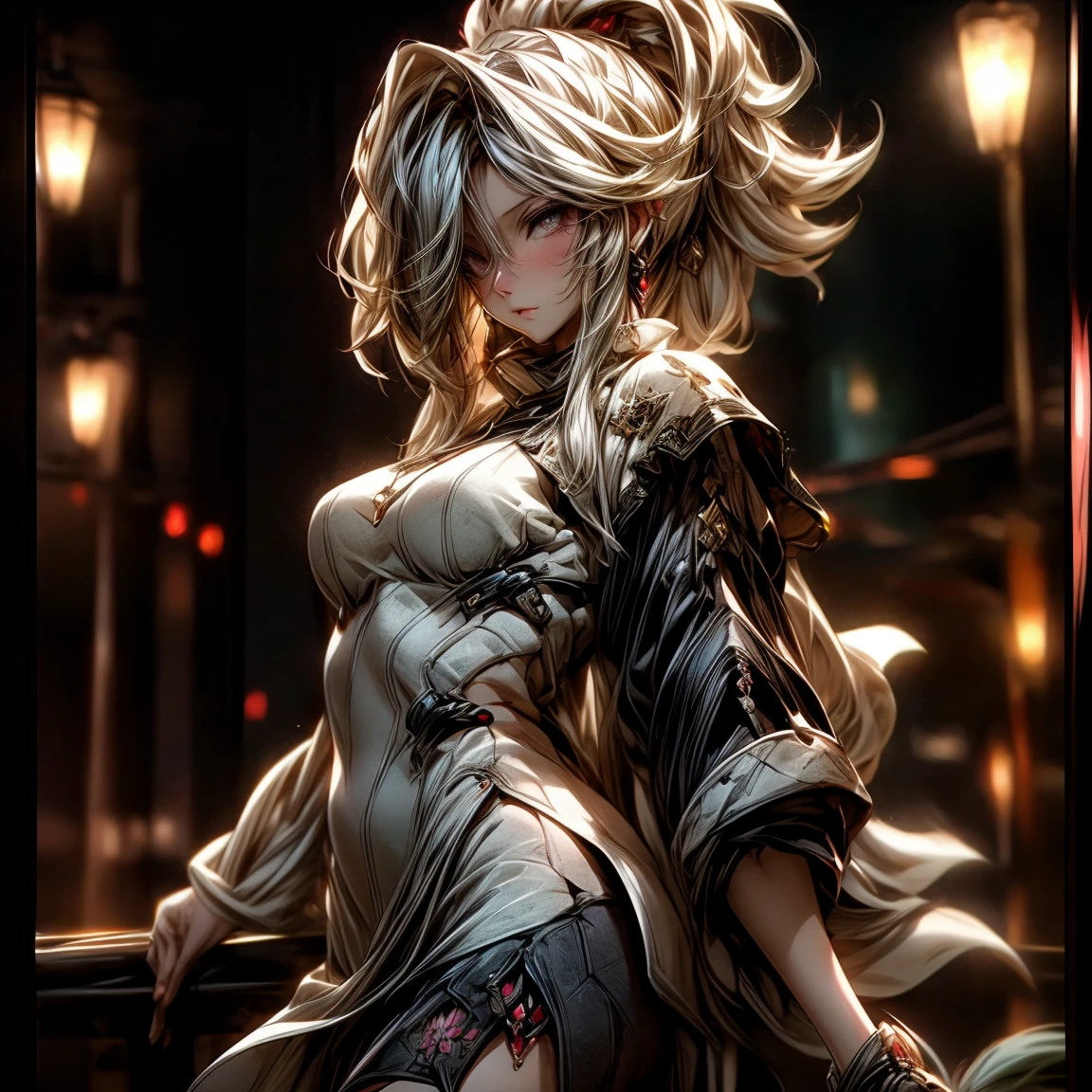 (best quality)), ((Masterpiece)), (details:1.4), 3d, HDR (high dynamic range), an image of a beautiful cyberpunk female, fantasy, medieval, Cyberpunk, pink hair, Sleek style, High ponytail, Beautiful White eyes, จมูกโด่ง, ปากแดง, หน้าอกใหญ่, nvidia RTX, PBR surface, After processing, Anisotropic filtration,depth of field, Maximum clarity and clarity, multi-layered surface, Subsurface scattering, perfect proportions, 8K raw files, ultra detailed, Perfect proportions, volumetric lighting, soft lighting, Holy Paldin, Heavy Golden Armor, White dress, intricate Silver embroidery, glossy skin, Bed room Background, jewely, ต่างหู, นิ้วมือสมบูณ์, mini Red skirt, 2 arm
