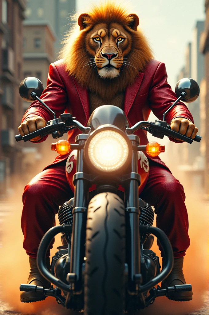 I need a picture of lion on red suit driving a motorcycle