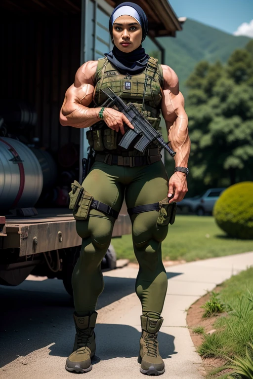 Photorealistic, high resolution, 1 malay woman in hijab, Solo, Hips up, army camp background,view the viewer, (Detailed face), White hijab, SWAT vests, sniper rifle handle, Black military uniform, bulletproof vest, Holding an assault rifle, M16, Inside the city, Very detailed, Perfect face, Black eye, jewelry, (full body view)