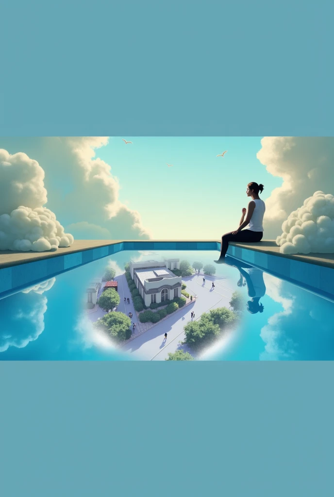 The character is in heaven, sitting on a cloud that blends into a pool. He is sitting on the edge of the pool, about the cloud. From up there, he looks at the pool and sees clearly, as if it were a mirror, people walking on the sidewalks of a street below.