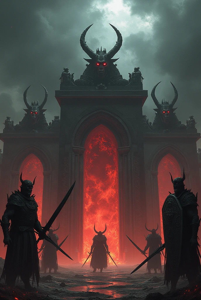 THE 7 PORTALS OF HELL WITH DEMONIC GUARDS ARMED WITH SWORDS AND SHIELDS.