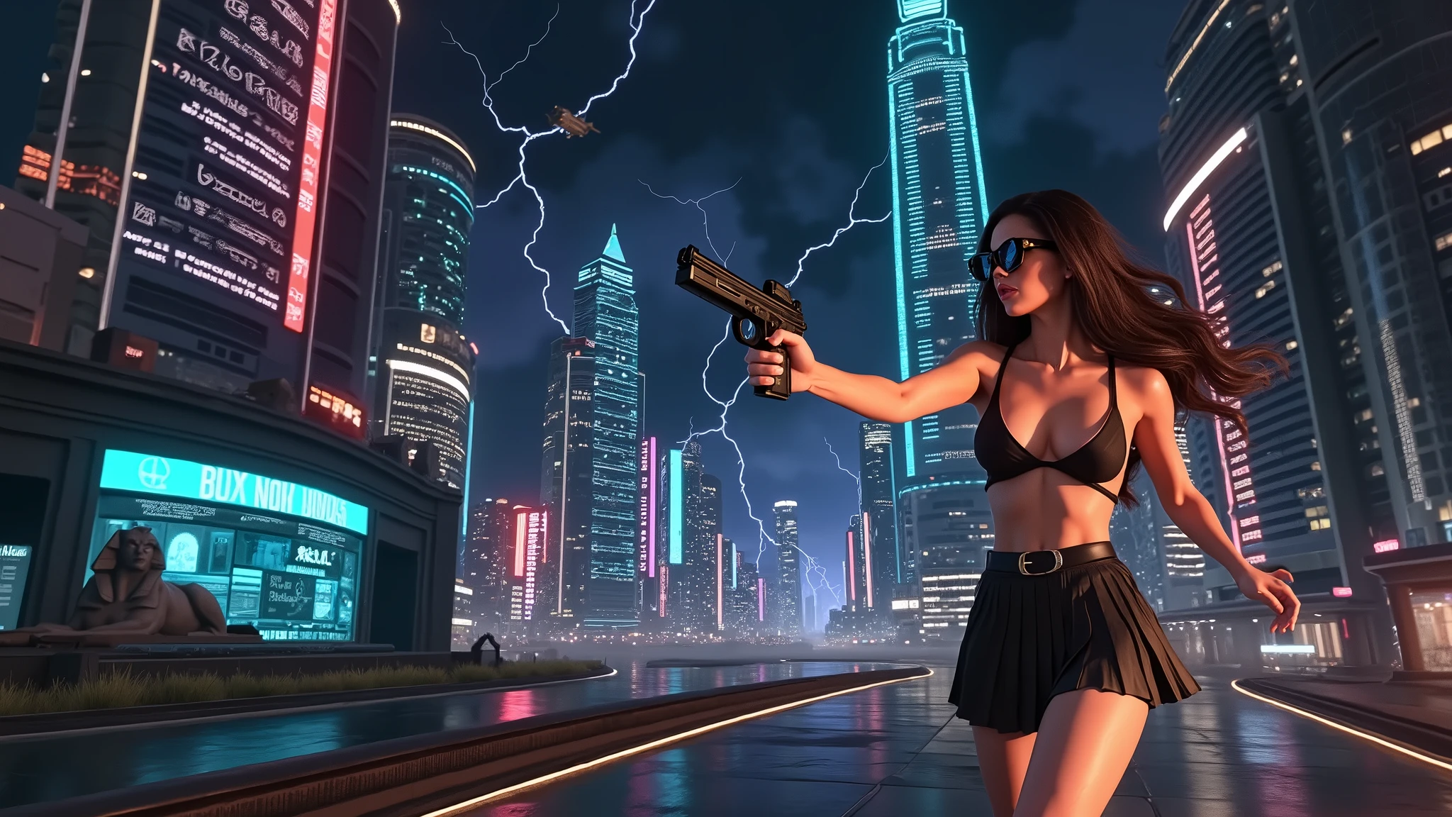 Futuristic cityscapes with colorful all-glass outlined towering skyscrapers with lightning, flying vehicle. High-resolution OLED GUI interfaces in the building, The windows are filled with transparent data visualization infographics that show it all, ancient Egyptian fantasy arts, ancient Egyptian statue, (ancient Egyptian hieroglyphics), sphinx, pyramid. Colors are saturated and vibrant. At night, (1girl, solo, alone), photorealistic, large-breast slim:0.6 body, oval:0.5 face, cleavage:1.1, very low angle view of pleated miniskirt, deep-v, (upskirt), glove, (Matrix style black micro sunglasses), (aiming viewer with a short gun), dynamic running pose, ((half-body thigh level close-up shot)), cinematic lighting, ray tracing, motion blur background.