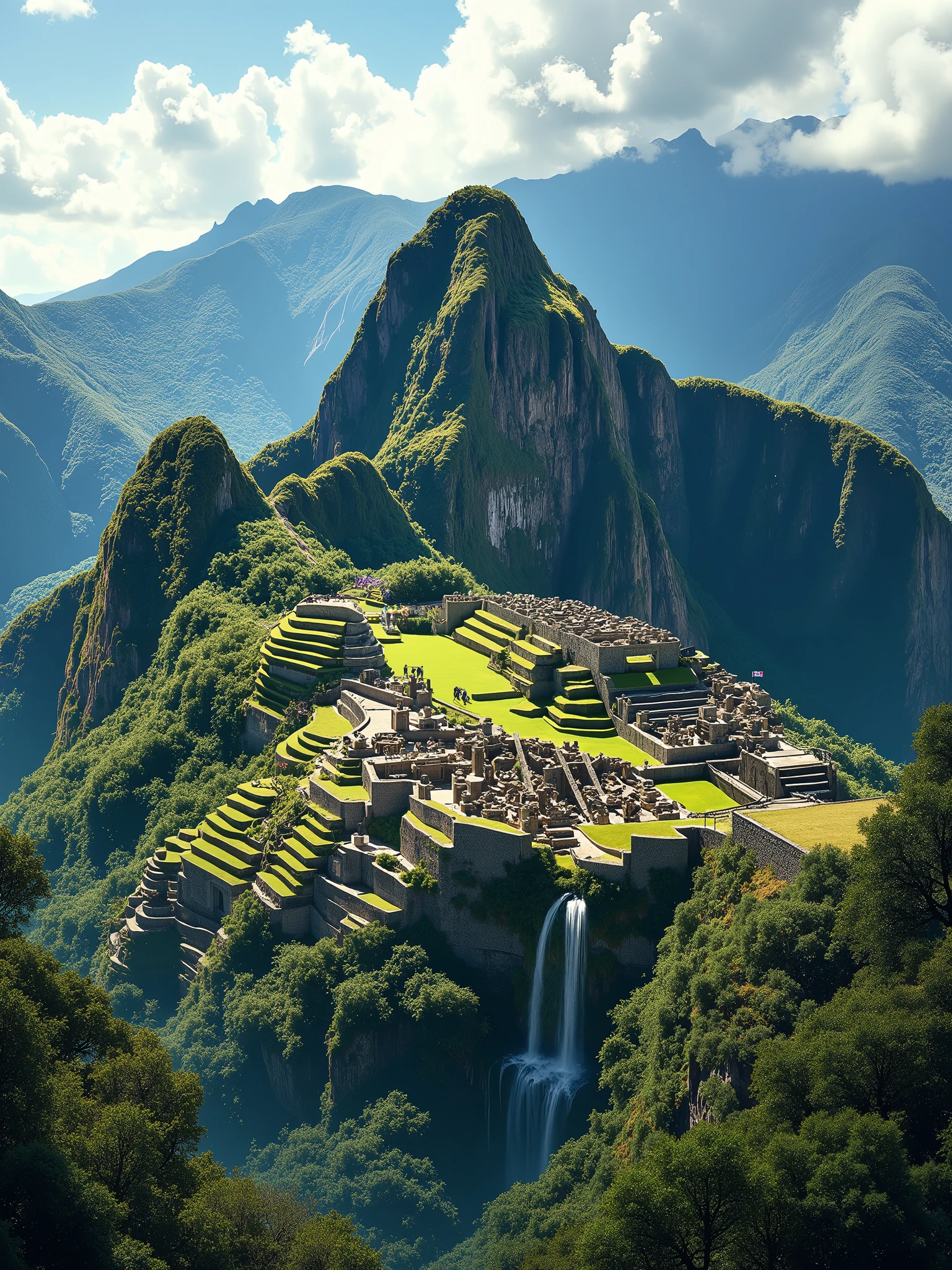 visualizing the city of Machu Picchu, from the Eiffel Tower in Paris, extraordinary landscape, quite a lot of natural jungle, realistic illustration