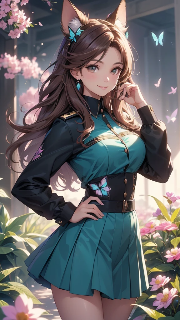 (best quality,4k,8k,highres,masterpiece:1.2),ultra-detailed,(realistic,photorealistic,photo-realistic:1.37),acrylic painting,beautiful Brazilian model in a uniform outfit with downy hair,beautiful Brazilian model with extremely colorful brown hair and detailed facial features,beautiful Brazilian model standing in a beautiful garden sakura flowers, long hair,cat ears, hair bows, black uniform skirt outfits, smile, happy face,light brown hair,butterflies, brown eyes, mature woman, older woman, 30 year old, adult woman. Older lady, posing,Solo, teal and pink butterflies, close up,