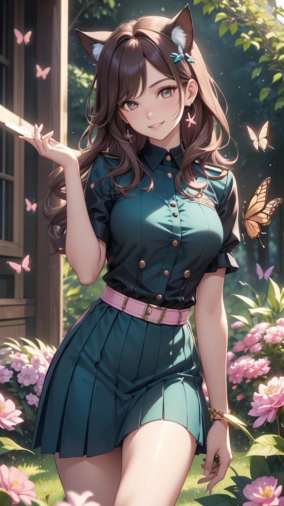 (best quality,4k,8k,highres,masterpiece:1.2),ultra-detailed,(realistic,photorealistic,photo-realistic:1.37),acrylic painting,beautiful Brazilian model in a uniform outfit with downy hair,beautiful Brazilian model with extremely colorful brown hair and detailed facial features,beautiful Brazilian model standing in a beautiful garden sakura flowers, long hair,cat ears, hair bows, black uniform skirt outfits, smile, happy face,light  brown hair,butterflies, brown eyes,  mature woman, older woman, 30 year old, adult woman. Older lady, posing,Solo, teal and pink butterflies, close up, 