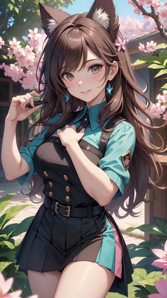 (best quality,4k,8k,highres,masterpiece:1.2),ultra-detailed,(realistic,photorealistic,photo-realistic:1.37),acrylic painting,beautiful Brazilian model in a uniform outfit with downy hair,beautiful Brazilian model with extremely colorful brown hair and detailed facial features,beautiful Brazilian model standing in a beautiful garden sakura flowers, long hair,cat ears, hair bows, black uniform skirt outfits, smile, happy face,light brown hair,butterflies, brown eyes, mature woman, older woman, 30 year old, adult woman. Older lady, posing,Solo, teal and pink butterflies, close up,