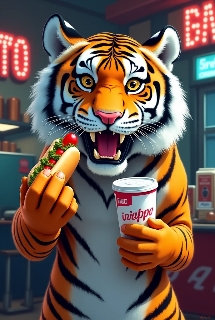 a tiger holding a hot dog in one hand and a cup of açaí in the other hand and in the background a snack bar