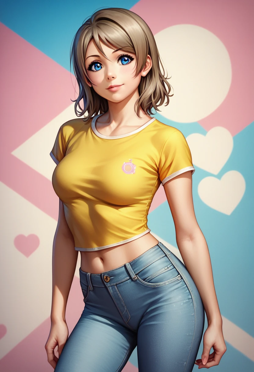 (Masterpiece), cowboy shot,8k wallpaper, solo, realistic anime, Watanabe you, standing, yellow crop top, short sleeves, pink pants,thighs, sunny day,blue eyes, beautiful detailed face and eyes ,cat on her shoulder 