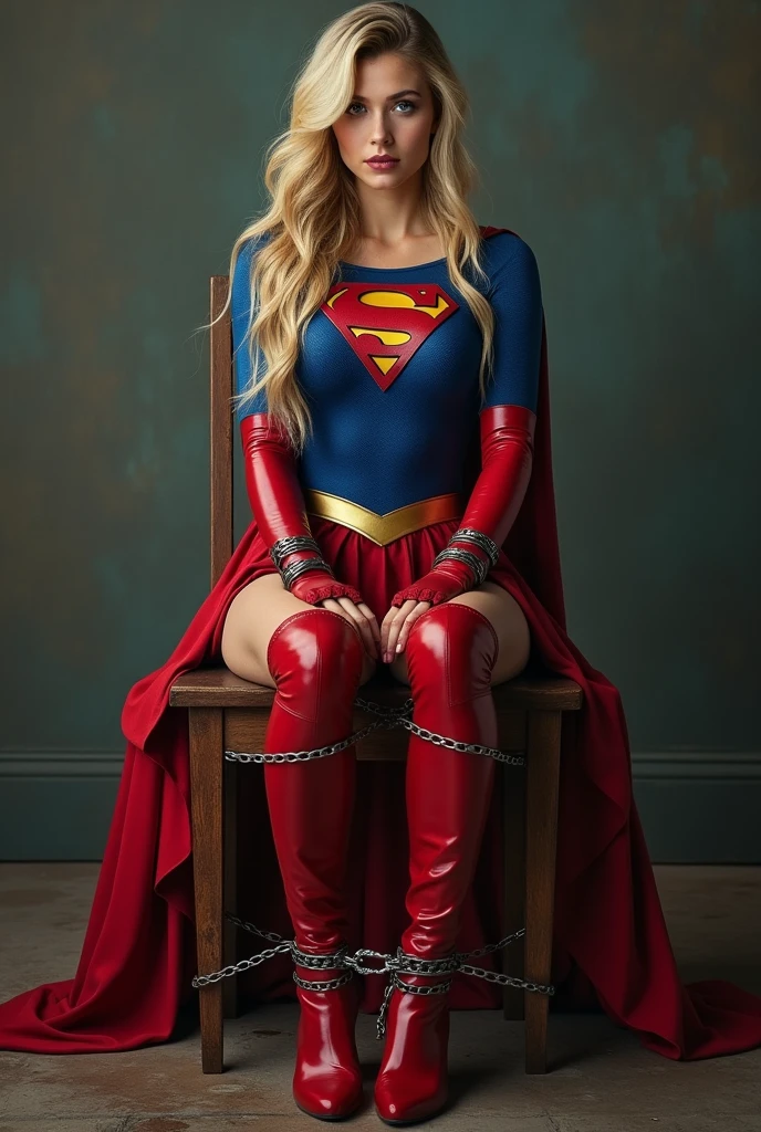 supergirl, full blue body suit, long blonde hair, red elbow gloves, red gauntlets, black tights, red boots, red skirt, gold belt, really long red cape, sitting on a wooden chair, looking straight,  full image from head and legs, realistic, bdsm, bondage, bound, arms bound to armrest using chains, legs bound to chair leg using chains