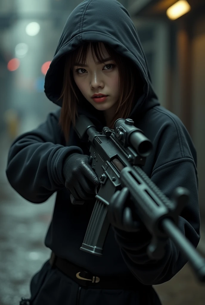 Korean brunette with slanted eyes in black Nike sweatshirt and black Nike pants killer with black gloves and a light machine gun 