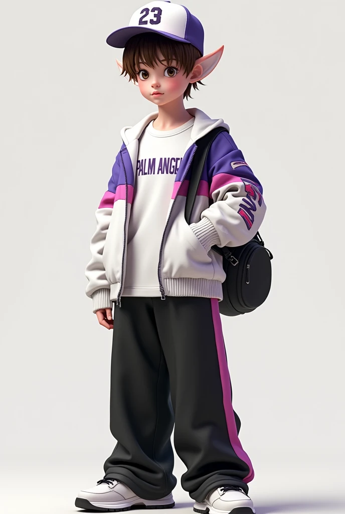 A boy with brown hair and brown eyes, He has white expansions on his ears. He is wearing a white Palm Angels t-shirt., a white Puma jacket with purple stripes on the sides and a pink stripe in the middle. His pants are black and wide. She carries a Nike brand bag, plywood and black in color. Her skin is white, He is skinny and wears Nike shoes Rayssa Leal. In your head, He wears a 90s hat with Jordan's number 23 embroidered on the front..