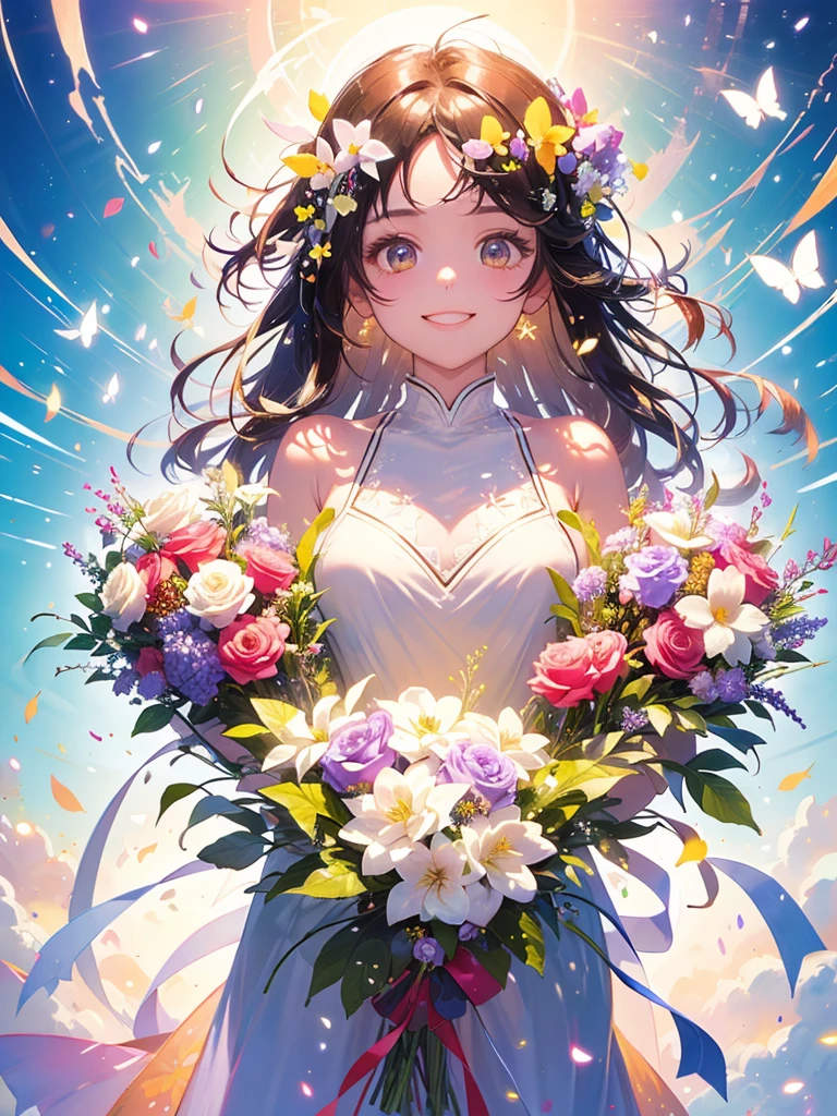 (masterpiece、Highest quality、Highest quality、Beautiful and beautiful:1.2)、(Excellent anatomy:1.5)、Milky white straight hair girl、Butterfly Fairy、Floral Costume、A radiant smile、Sparkling eyes、Looking into the camera、Flowers and leaves on the head、Holding a bouquet、Rose Garden