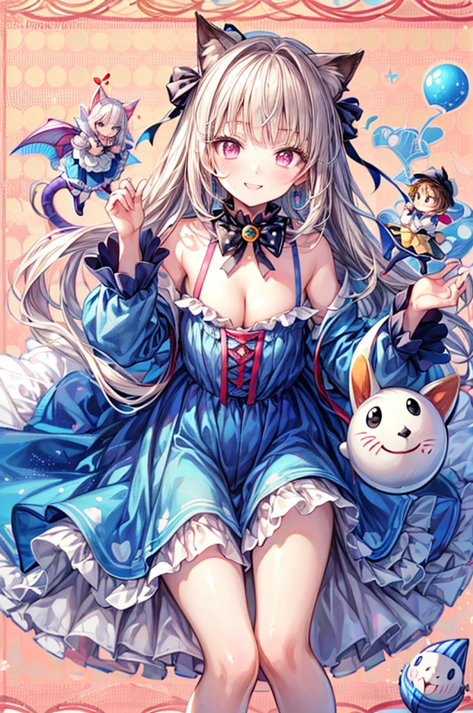 Highest quality、Masterpiece、boy,((It's a Small World:1.3)),smile,Princess style from the fairy tale world,alice in wonderland,cheshire cat,close up of face,(polka dot background:1.2),red and white and pink and yellow,(look up:1.3),(NSFW),(plump cleavage),Absolute area:1.3)