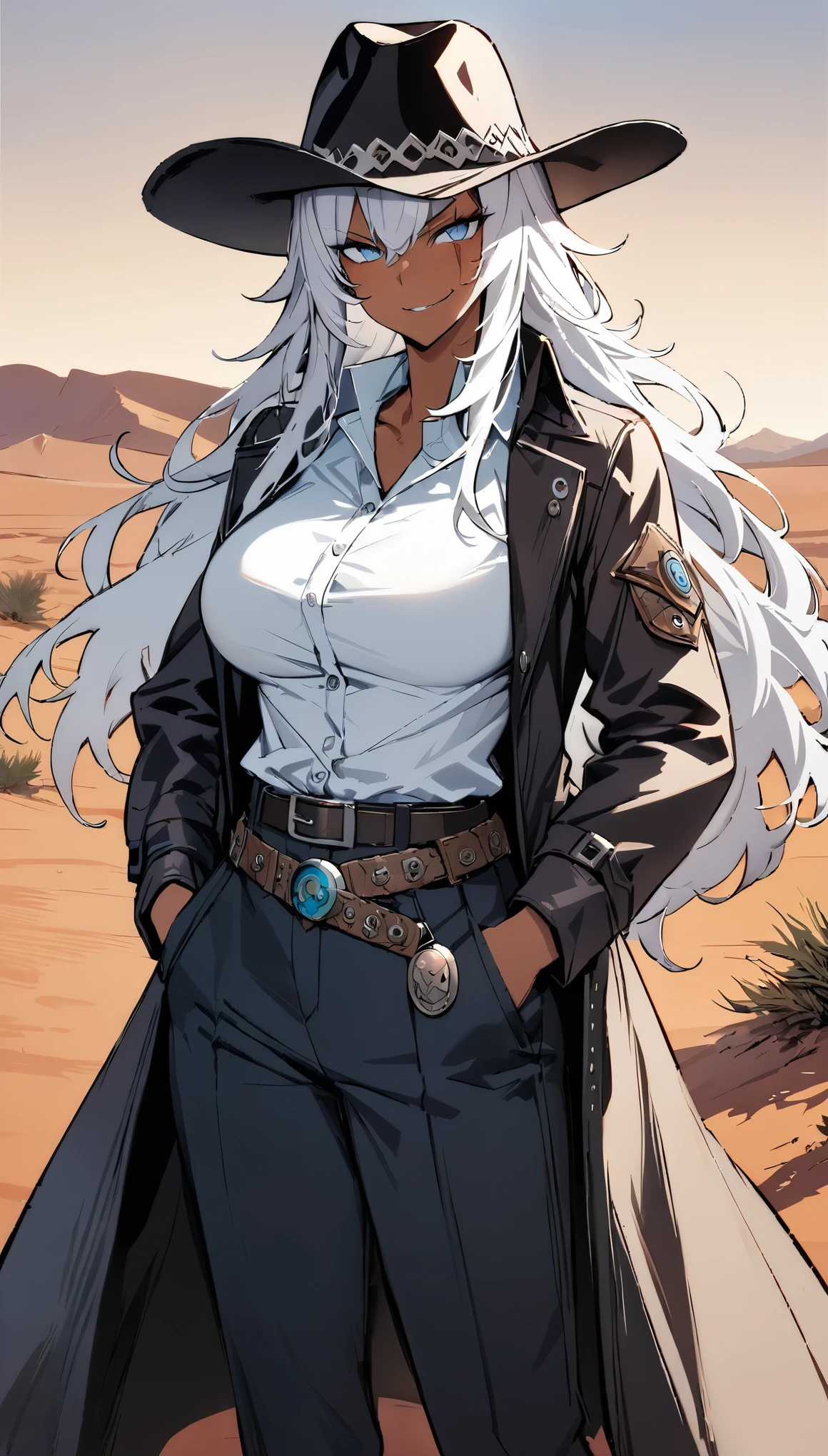 (best quality:1.3), (masterpiece:1.3), (illustration:1.3), (ultra-detailed:1.3), cowboy shot, 1girl, ((white hair)), (large breasts), (dark skin), (blue eyes), ((rough hair, long hair)), white shirt, necktie, high collar, unbuttoned shirt, sleeveless shirt, lean build, long coat, dark blue tactical coat, tactical jacket, pouches, black pants, serious expression, mischievous smirk, belt buckle, face scar, straps, off-shoulder coat, hands on pocket, looking at viewer, muscular, webbed belt, stylish coat, ((badge, cowboy hat, hat, headgear)), outdoors, desert,