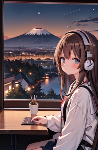 Lo-Fi Research, girl, write, ~ ~ ~ side, 日本人のgirl, Brown Hair, Medium Long Hair, Headphones, Summer clothes, window, mount fuji background, summer night