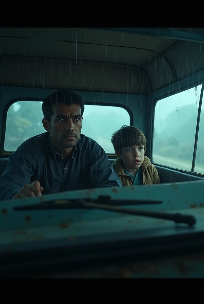 cinematic, photorealistic film poster of a man and his  son, driving an old van in heavy rainfall late night, fear apparent in both their faces, frontal face shot, misty air, wiper in windshill working, dim light, Kalimpong Sikkim Highway