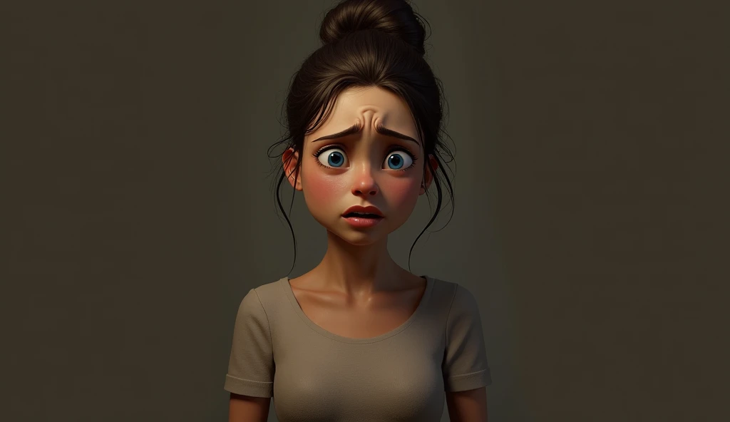 Worried and nervous expression of a woman with black messy bun hair,medium skin tone,circle cute face and blue eyes realistic digital art 8k