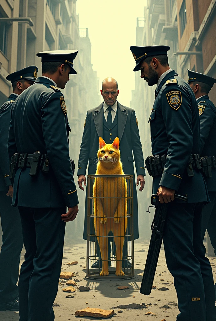 Police Confrontation**: Police confront the LemonFather by showing him the caged lemon cat, their eyes locking in a tense moment amid the chaos and destruction.