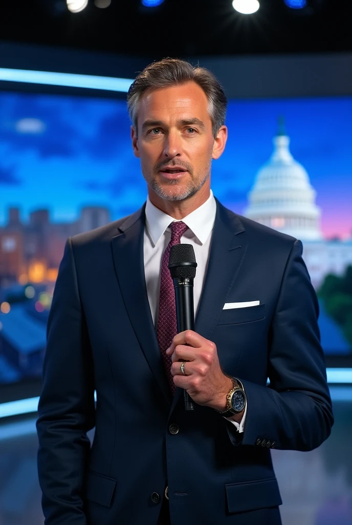 Man in suit and tie holding a microphone, news reporter Anthony Conn, christian orrillo, Omar Ortiz, joel torres, Jason Schier, Ignacio Fernández Rios", james zapata, alex miranda, danilo torres, Lucas Graziano, photo of the journalist, high quality news footage, Jonathan Zawada, Sidney Lugo, news footage