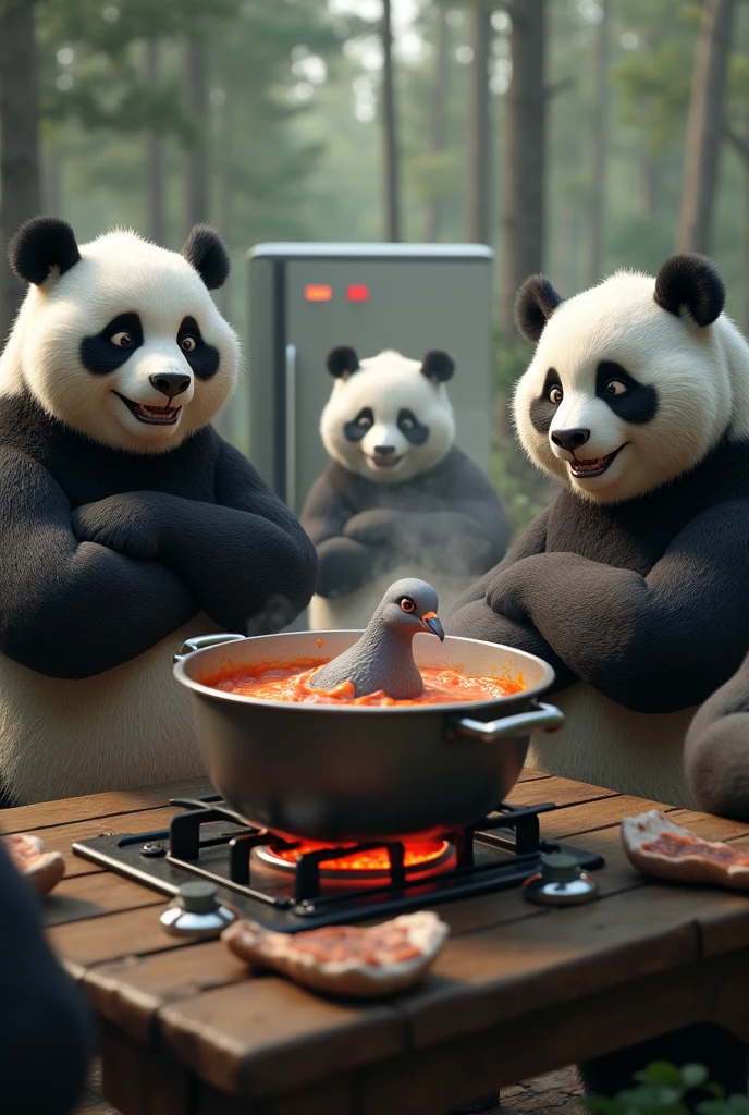 Ultra-realism, (masterpiece, best quality, ultra detailed, photorealistic:1.2), ((Muscular panda has a smiling expression)), A group of muscular pandas with folded arms are gathered around watching a grey pigeon being cooked in a big stockpot on the stove., forest, ((big stockpotからグレーのハトの頭が出ている)), ((A big stockpot on a stove over high heat)), (Gray pigeon has a frightened expression), ((There are many refrigerators behind the panda)),
