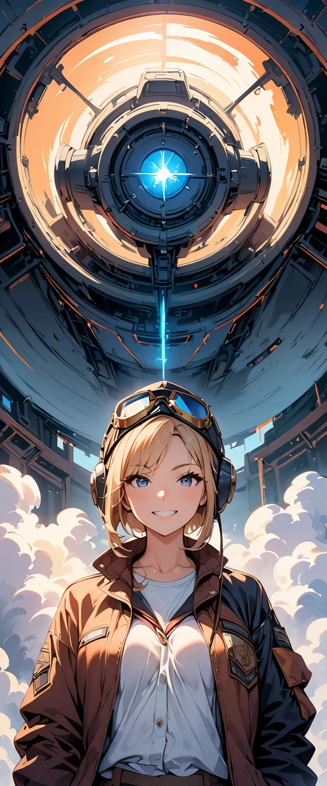 (Highest quality, 4K, 8k, High resolution, masterpiece:1.2), Very detailed, One person, woman, Steampunk Design, Aviator Cap, goggles, Flight jacket, In front of the hangar, Cowboy Shot, View your viewers, vapor, cigarette, Powerful strokes, High Contrast, Hero portrait, Excited state, Detailed Weapons, strength, Impact, energy, violent, タバコを咥えたwoman。
