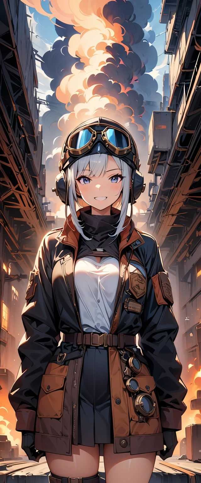 (Highest quality, 4K, 8k, High resolution, masterpiece:1.2), Very detailed, One person, woman, Steampunk Design, Aviator Cap, goggles, Flight jacket, In front of the hangar, Cowboy Shot, View your viewers, vapor, cigarette, Powerful strokes, High Contrast, Hero portrait, Excited state, Detailed Weapons, strength, Impact, energy, violent, タバコを咥えたwoman。