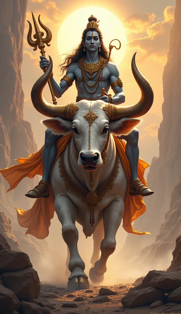 Nandi, depicted as a powerful and revered figure, riding alongside Lord Shiva. Nandi should be shown as a strong and noble bull, symbolizing his role as Shiva’s vehicle. The scene can include Shiva’s divine entourage, emphasizing Nandi’s new position and honor.