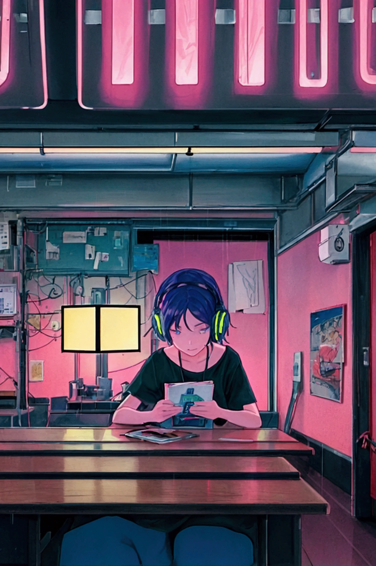 (praise), Girl studying at the table, Boyish short hair, Reading a book, Put on your headphones,  Night Light, Neon scenery on a rainy day,Analog Color Theme, Lo-fi hip hop , review, flat, 2.5D ,Line art, Ink painting, Large slope, Gouache color, Studio Ghibli Style, Great colorful, amount of sales, Synthwave, praise art,90s Style,Old Texture, amplitude,90s vibe, Tabletop, Great skills