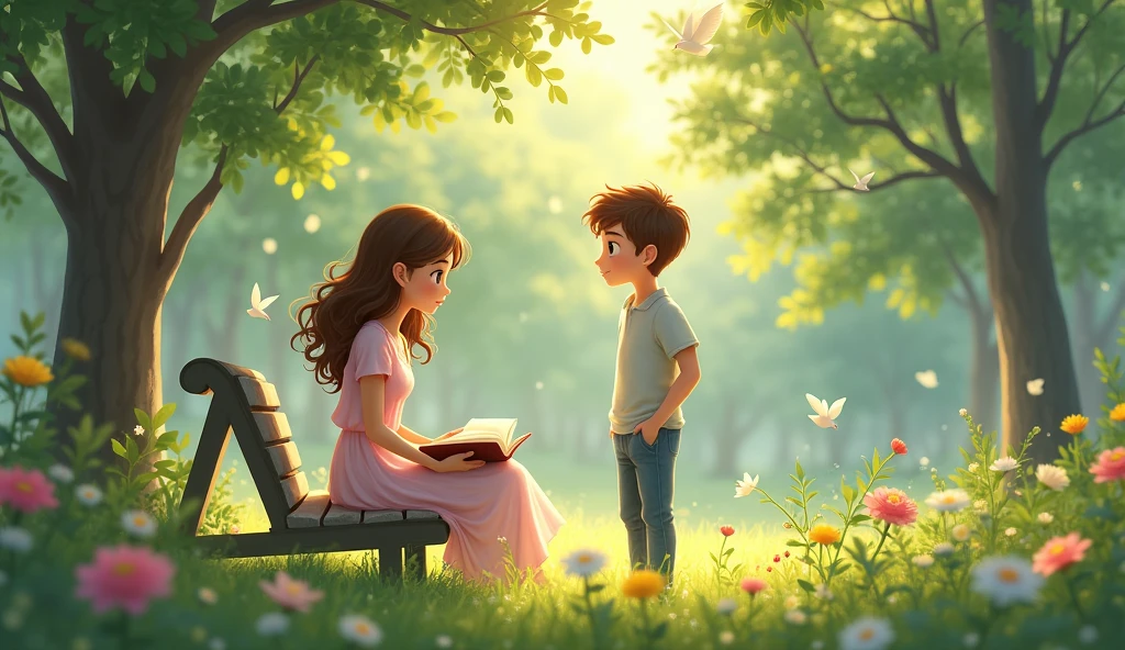 Une jeune femme assise sur un banc dans un parc ensoleillé, entourée d'arbres verdoyants et de fleurs colorées. Elle a de longs cheveux bruns légèrement ondulés et porte une robe légère d'été de couleur pastel. Elle est absorbée par la lecture d'un livre, avec une expression calme et rêveuse sur son visage. Un jeune homme se tient à ses côtés, regardant vers elle avec une expression nerveuse mais déterminée. Il a les cheveux courts et châtains, porte une chemise décontractée et un jean. L'arrière-plan montre un parc tranquille, avec des oiseaux qui chantent et des rayons de soleil filtrant à travers les arbres. L'ambiance est douce et romantique, capturant l'instant délicat d'une possible première rencontre. 8k