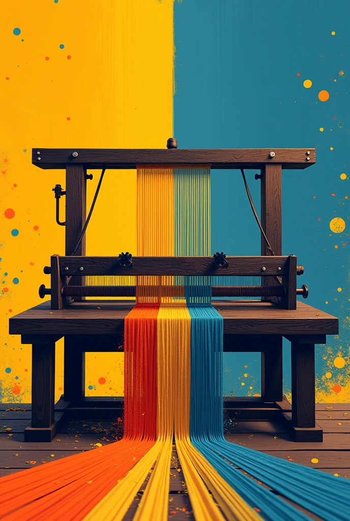 Draw a poster image with the slogan "Standard thread - Standard thread", with the main colors being yellow, orange, blue. In the middle of the poster is a loom weaving threads, the threads will be yellow, orange, blue