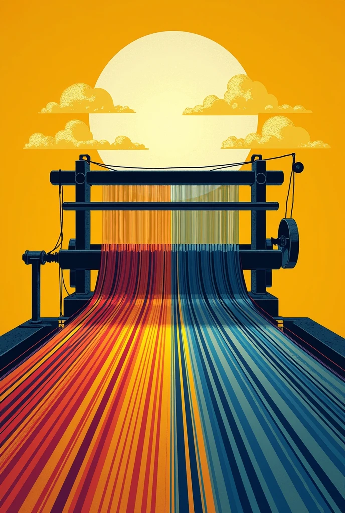 Draw a poster image with the slogan "Standard thread - Standard thread", with the main colors being yellow, orange, blue. In the middle of the poster is a loom weaving threads, the threads will be yellow, orange, blue
