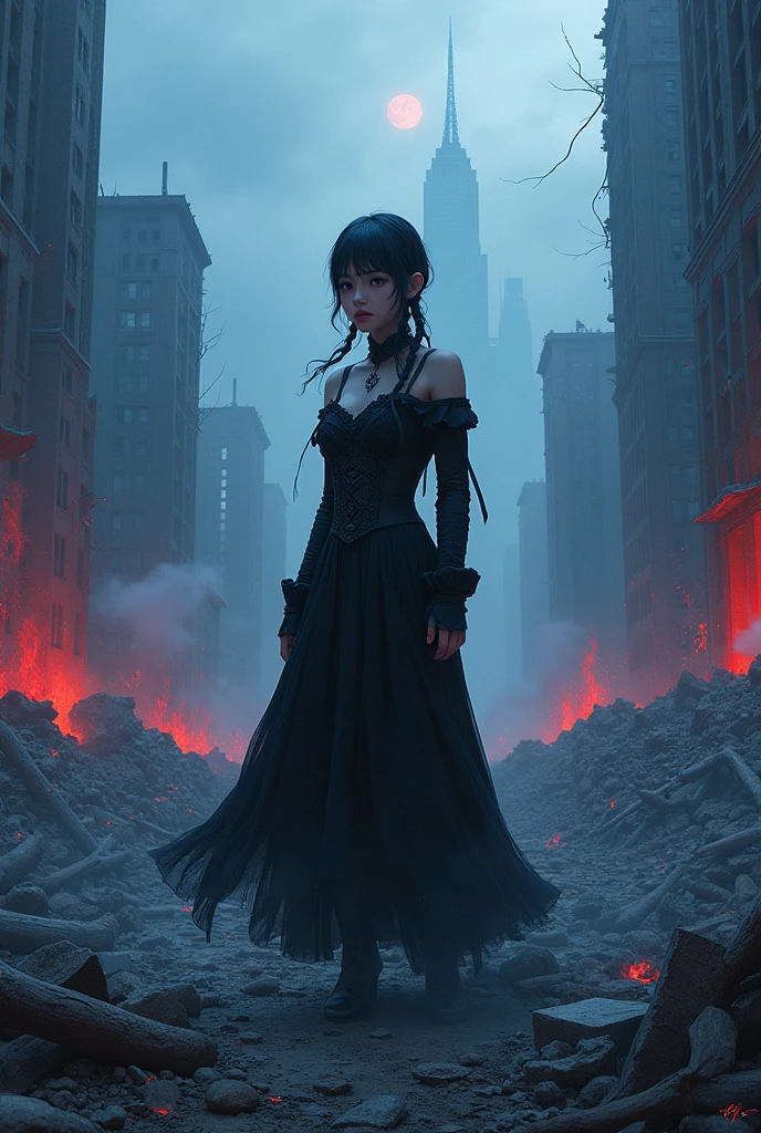 One is  , caucasiano, he would be, braided hair with bangs, Bblack hair, grey-eyed, detailed black dress, isolated and destroyed city, city in a blue tone with red.