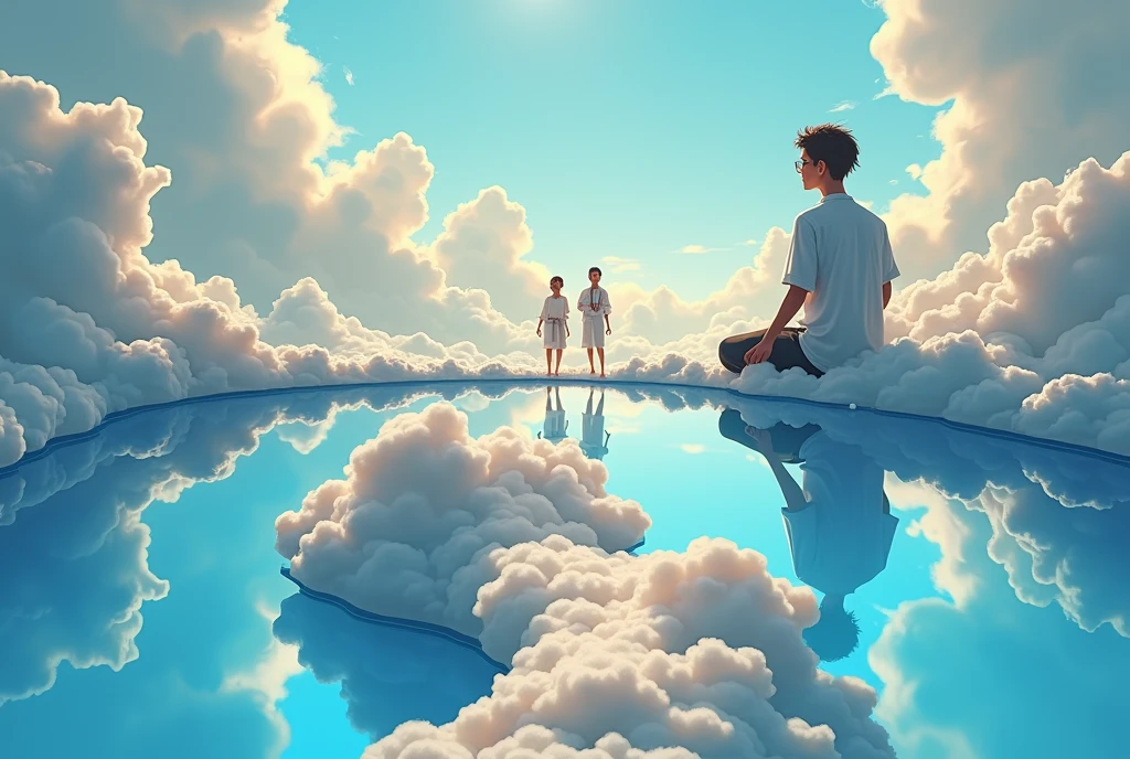 The character is in heaven, sitting on a cloud that blends into a pool. He is sitting on the edge of the pool, about the cloud. From up there, he looks at the pool and sees clearly, as if it were a mirror, people walking on the sidewalks of a street below and facing forward