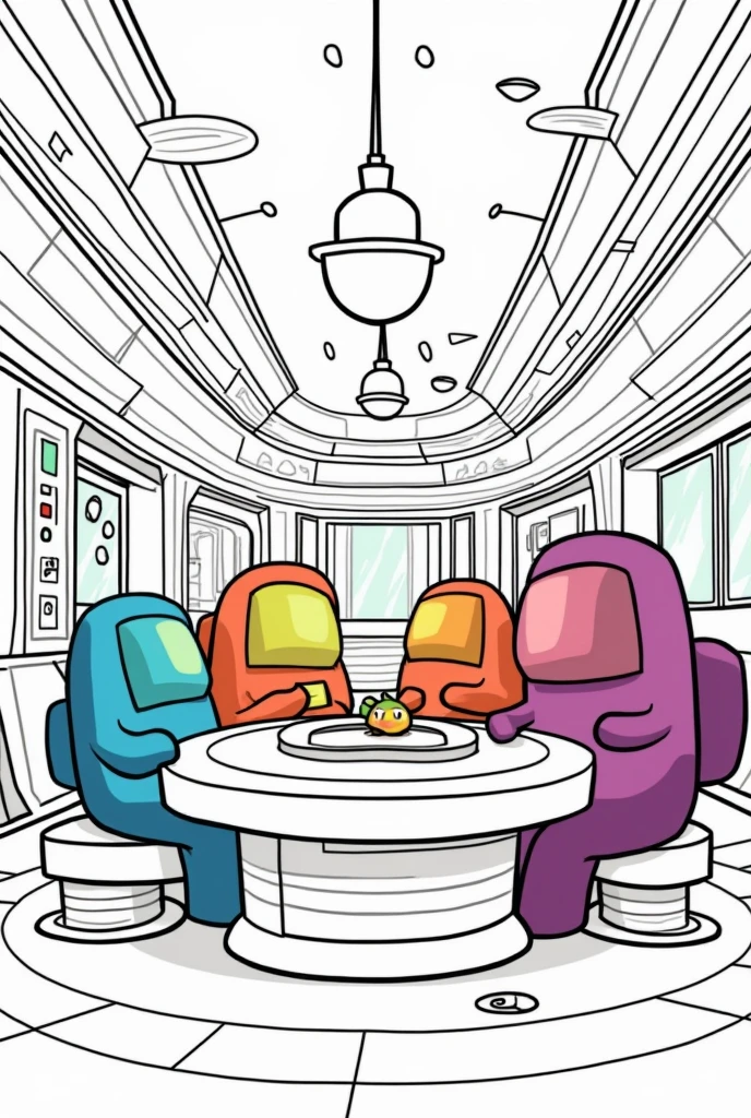 Amongs game coloring page, crew and an importer on the ship, in the cafeteria area. Cute style game amongs