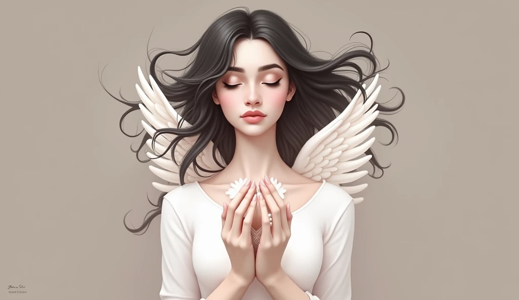 "Transform this indian beautiful girl into a heavenly angel, with same face , while infusing an ethereal essence into her being. Set her against a soft, dreamy backdrop that complements her angelic aura."1girl, Solo, High Resolution, Long Hair, Black Hair,