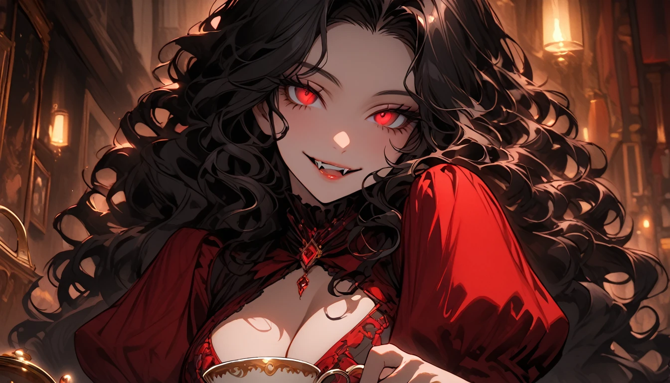 female focus, close up, deep crimson eyes, eyes with flecks of gold, wavy hair, thick hair, long flowing black hair, noble vampire girl, voluptuous, elegant, refined grace, pose, smile, parted lips, night town, Victorian dress, cleavage, fangs, sitting in cafe, having tea, teacup, tea set, bright lightening