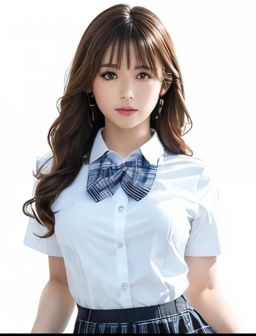 (Photorealistic:1.4, 8k), Highest quality, masterpiece, Ultra-high resolution, Perfect dynamic composition, Big Face、Round face、((Light brown hair:1.4、Long Hair, Curly Hair))、Highly detailed skin and facial textures:1.3, Limb details, 1 girl, Two cute and sexy Japanese girls , (Sunburned skin:1.2), ((Totally captivates you:0.9)), ((school uniform, White collar short sleeve shirt, Blue plaid pleated skirt, Blue checked school bow tie)),Mid-chest, (Shiny thighs), (avert your eyes、Beautiful Eyes, black eye, Beautiful erotic eyes:0.85), Sexy Face:0.4, (Mouth closed、Small Mouth、Thick lips、A taste of beautiful eroticism:0.85), ((Too cute beauty:0.9))、Gal Makeup、((Cowboy Shot)), ((Improve))
