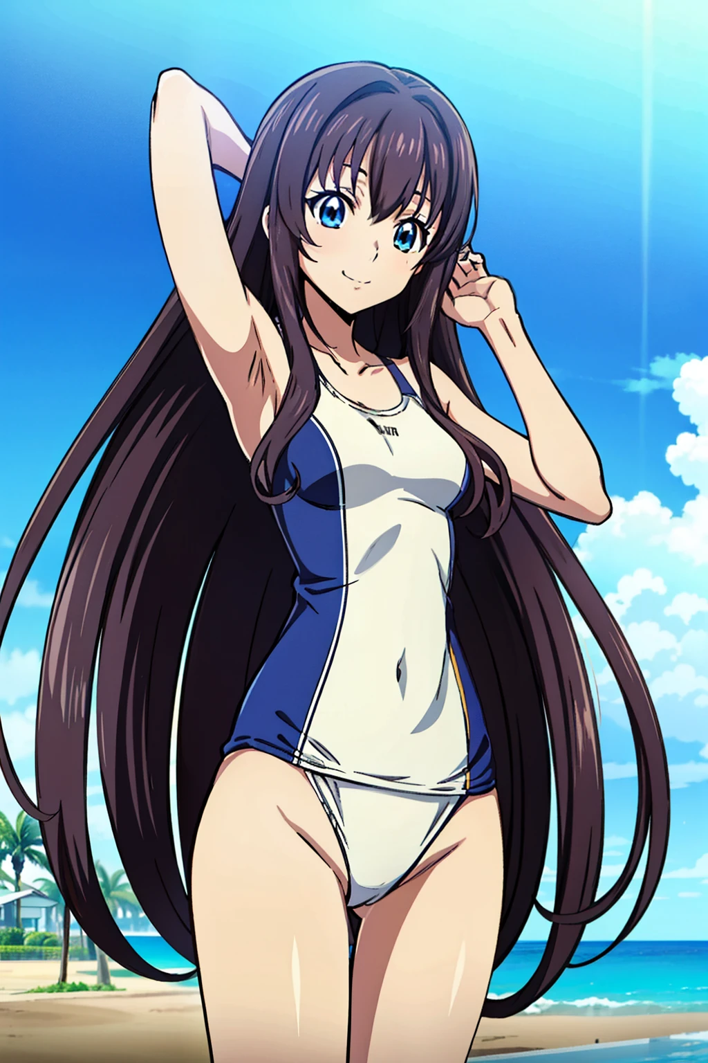 (From below), Black Hair,Long Hair,blue eyes,bangs, ((髪band)), Animeセル画スタイル,masterpiece, Highest quality, Very detailed, a Anime女の子, ((White Racing swimsuit)), (at beach), Naughty anime style, Anime, Naughty style, Naughty, Digital anime art!!, Anime Style, Official artwork, Visual Novel CG, 美しいAnime, Anime Style 4k, 