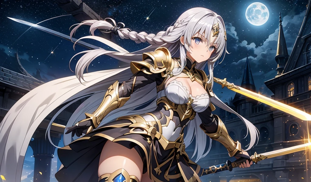 Girl with long silver hair and golden eyes,silver forehead protector,Chest,cleavage,Pitch black armor,Hand guard,Iron skirt,thigh,cross sword,moon,starry night, , French braids,