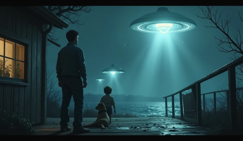 Theme: Very creepy and mysterious.
Scene: A piece of debris strikes Tony’s dog, killing it instantly, while another injures his son.
Setting: The deck is dark, with the only light coming from the cold glow of the UFOs, casting a ghostly pallor over the scene.
Goal: To evoke sadness and horror, emphasizing the personal loss and the terrifying power of the mysterious objects.
