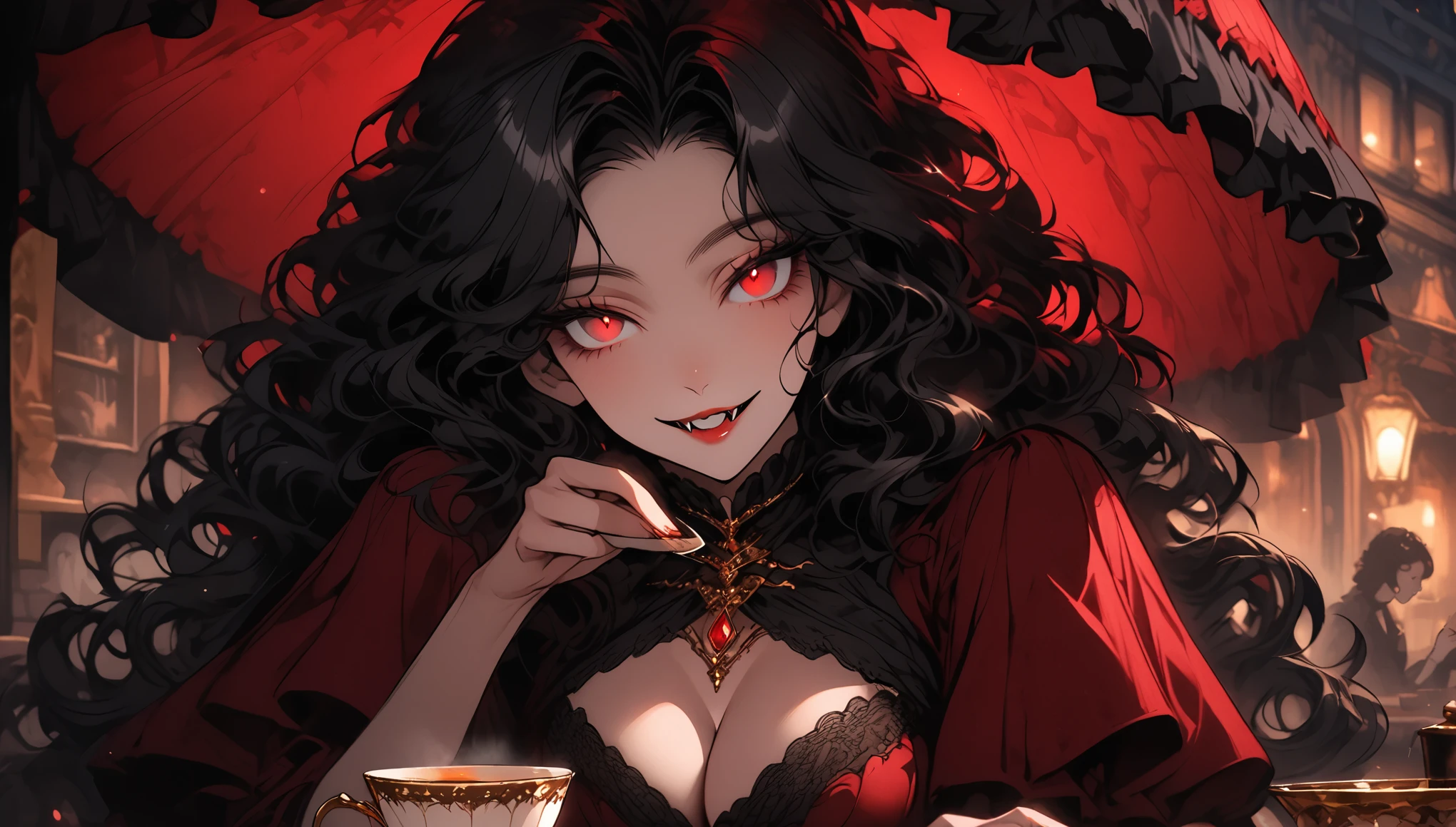 female focus, close up, deep crimson eyes, eyes with flecks of gold, wavy hair, thick hair, long flowing black hair, noble vampire girl, voluptuous, elegant, refined grace, pose, smile, parted lips, night town, Victorian dress, cleavage, fangs, parasol, sitting in cafe, having tea, teacup, tea set, bright lightening