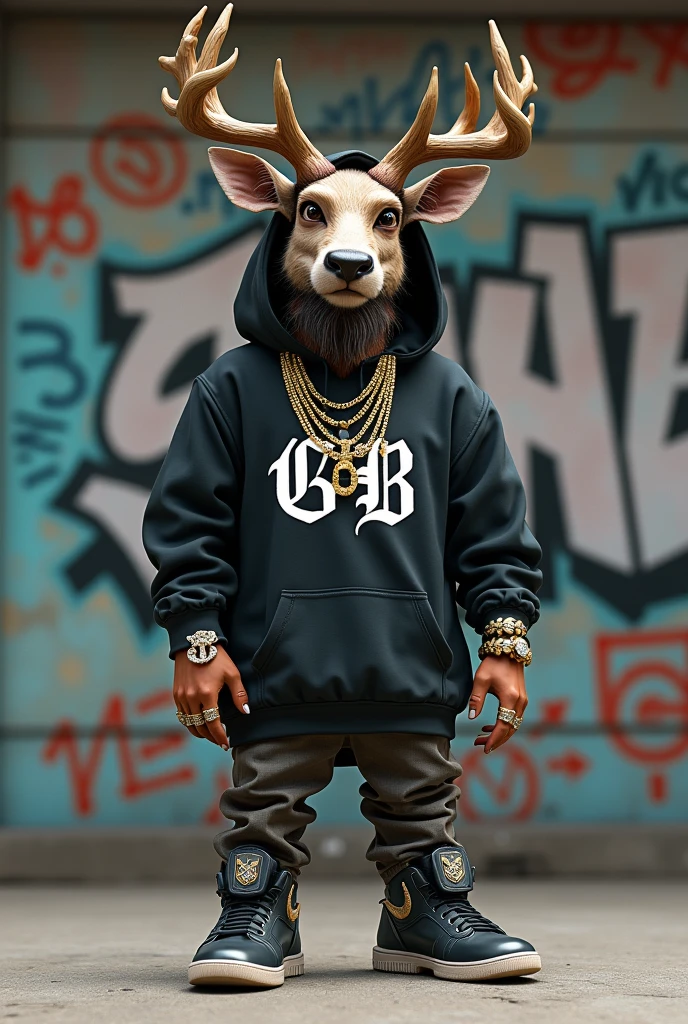 A unique, anthropomorphic figure, whit a beard mad buck face, two big spike buck horns on is head, a streetwear hoodie style, whit GB in Gothic letters. The figure is adorned with gold chains in is neck,and diamond rings in the finguers, and a pair of nike sneakers. It stands in front of a graffiti-covered wall, with various symbols and words painted.The ground appears to be a concrete skatepark ground