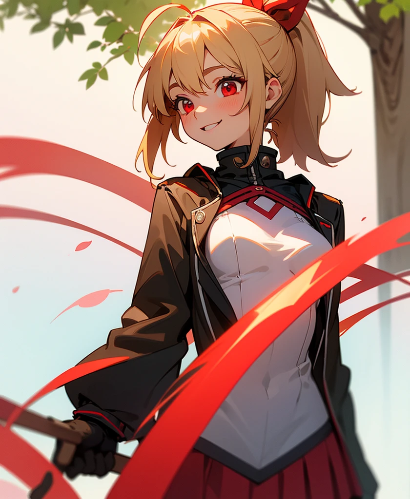 (Highest quality、Very detailed、reality)、Cheerful girl、high school girl、Small breasts、Red Riders Jacket、blonde、Red eyes、ponytail、Ahoge、From the side、gloves、Bright smile、Standing in front of a street tree、Upper body close-up、Sakura Park、Sharp contours