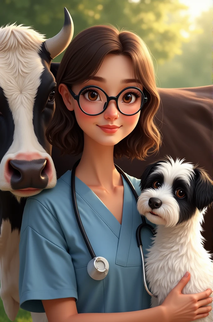 A Veterinarian Girl, brown hair with brush, brunette, with glasses and a cow on one side and a black and white Maltese dog on the other 