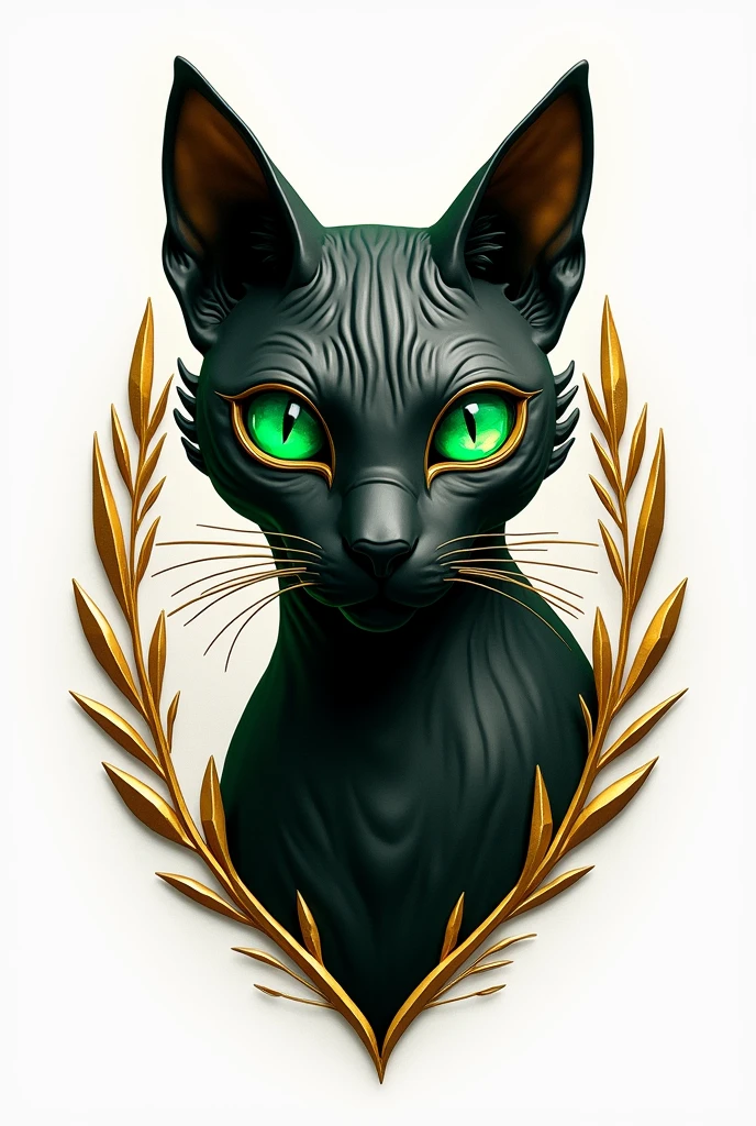 Create a coat of arms of the ancient civilization of Ejito in white and gold with a hairless black cat with a round golden outline in 3D with emerald eyes with gold paint around the eyes with the name “Segundao”