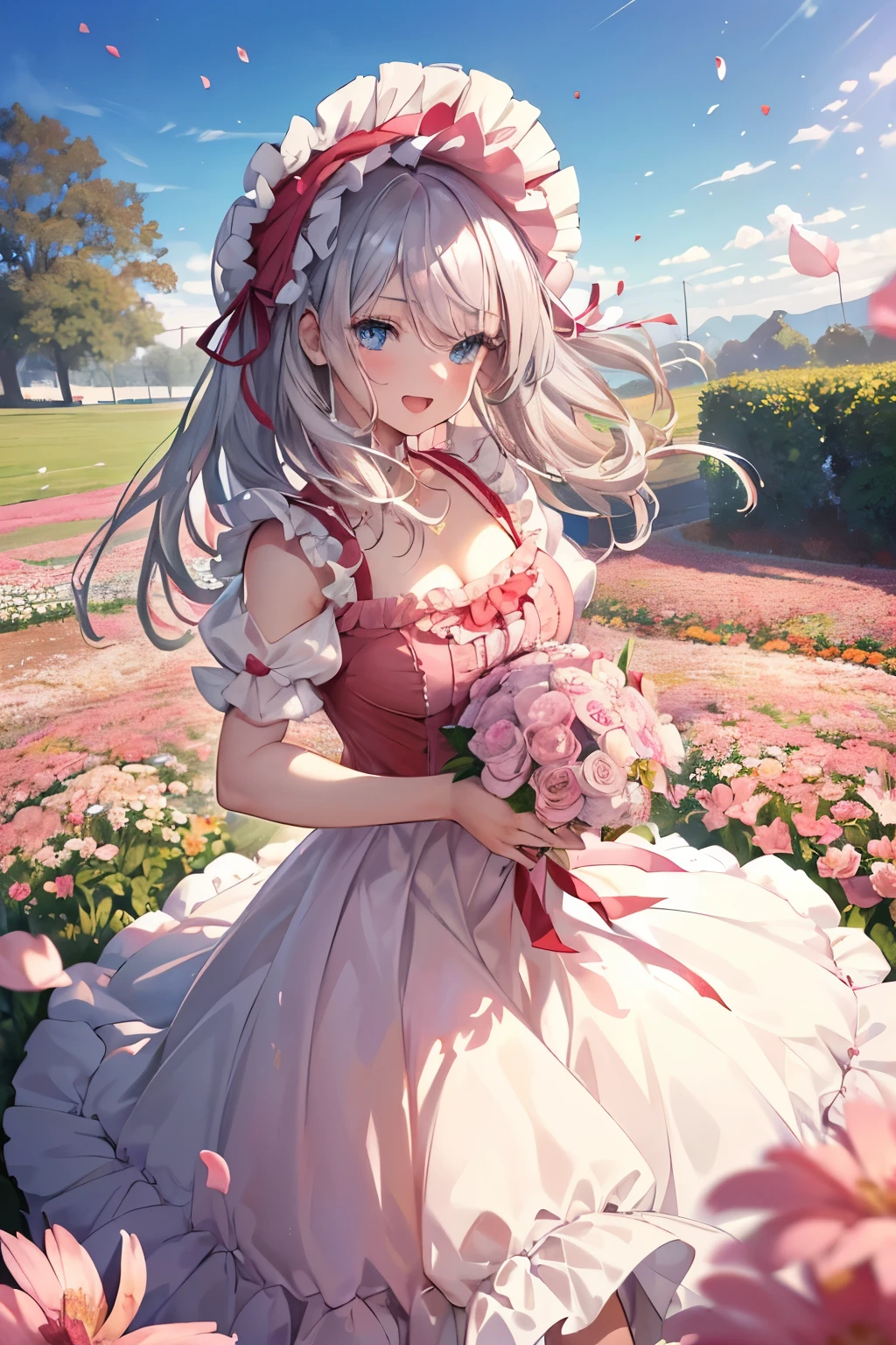 (Best quality,4K,8K,High resolution,Masterpiece:1.2),Super detailed,(Actual, Realistic),highly detailed, top quality, soft skin,Portrait,
break,
((clear blue eyes:1.2)),smiling eyes,beautiful eyelashes,beautiful lower eyelashes,
break,
((Beautiful and shiny silver hair:1.3)),A dazzling smile, a bursting smile, an open mouth laugh,
break,
very happily,
break,
((red and pink fashion:1.3)),
break,
((give a bouquet:1.3)),
break,
((A large amount of petals of various kinds are dancing:1.3)),((in the flower field:1.3)),
break,
((bust shot)),zoom in